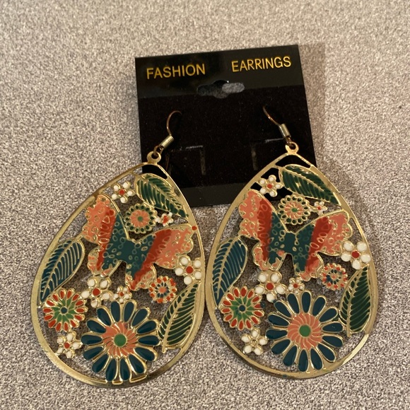 Earrings - Butterfly and flowers multi colour. - Picture 1 of 5